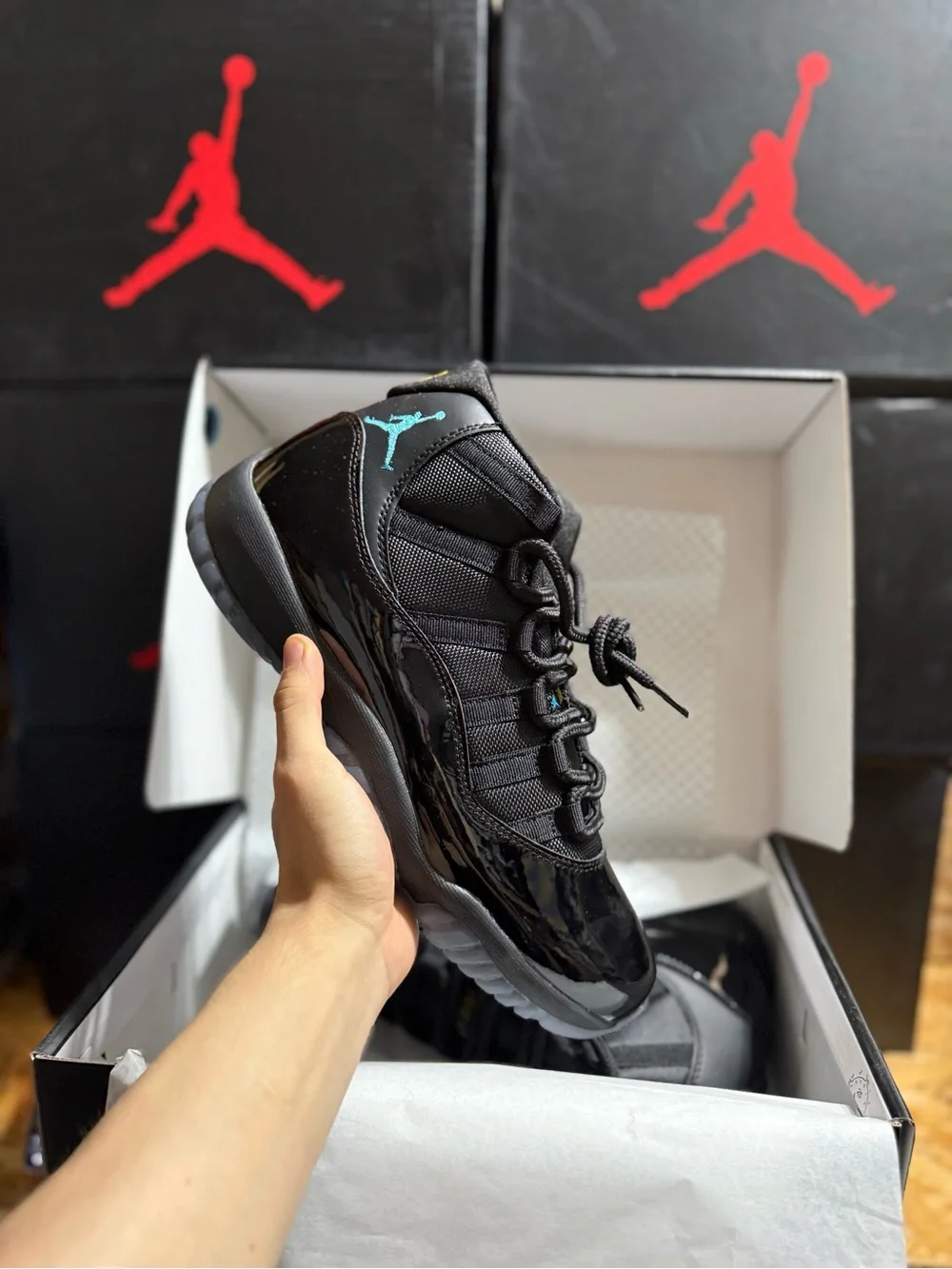 Jordan 11 Gamma Blue Black Patent Leather Low with Teal Jumpman